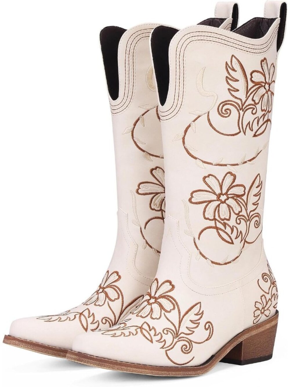 Women's Cream White Cowgirl Boots Pointed Toe Chunky Heel Country Western Boots